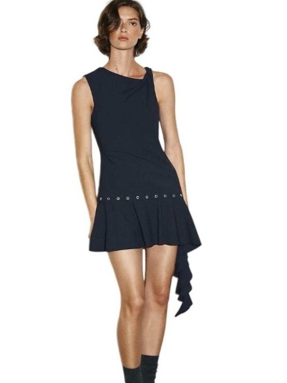 ZARA Navy Blue Asymmetric Studded Mini Dress NWT Size S Grommet Hem Draped